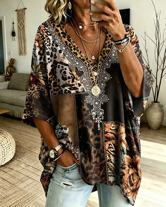 Blus Leopard V-Hals Casual