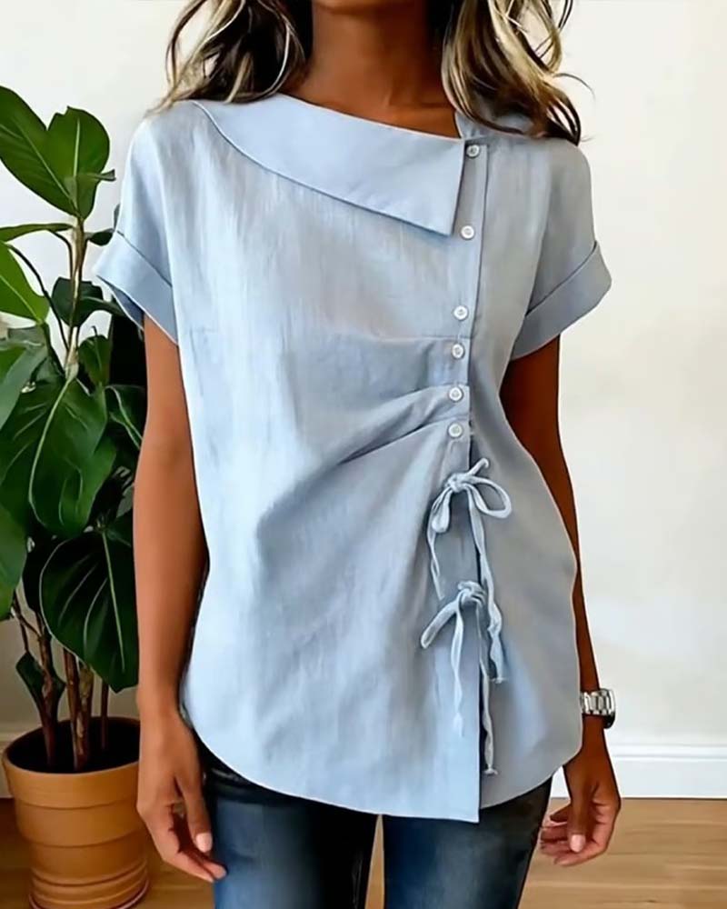 Blus Diagonal Dragsko Knytning Kort Ärm