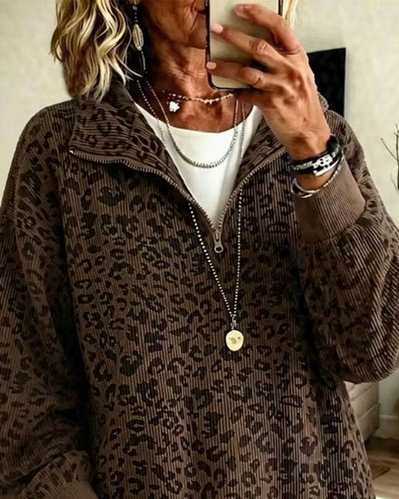 Sweatshirt Halv Dragkedja Leopard Pullover