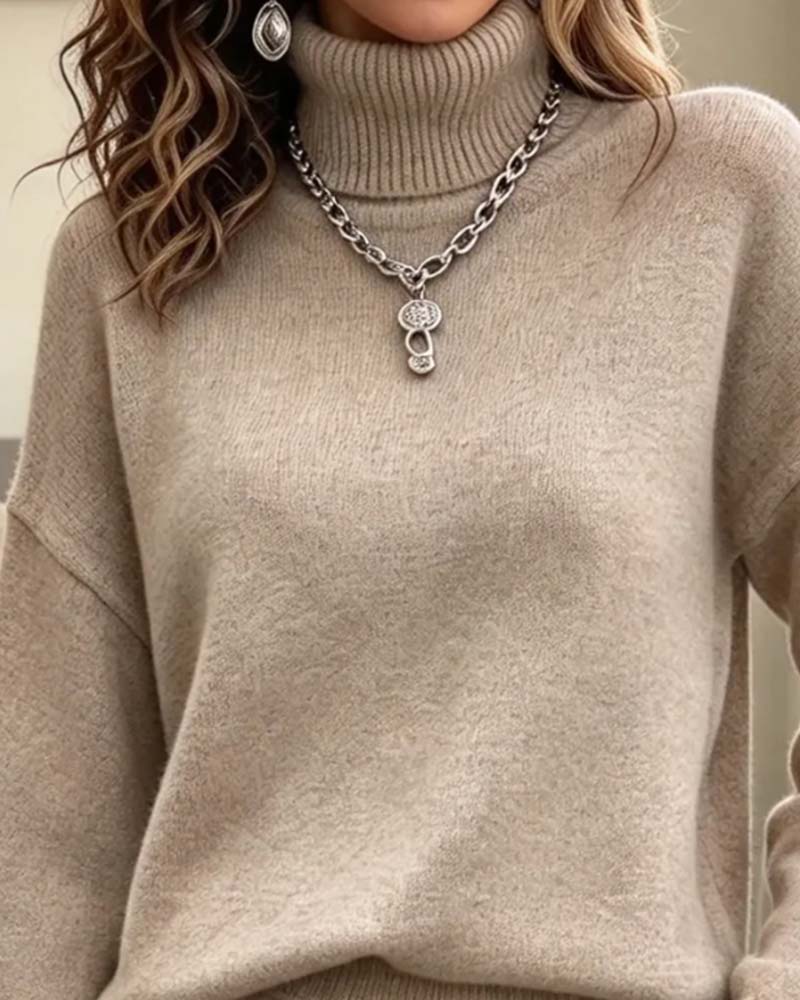 Set Hög Krage Pullover Lång Ärm Plisserad Kjol