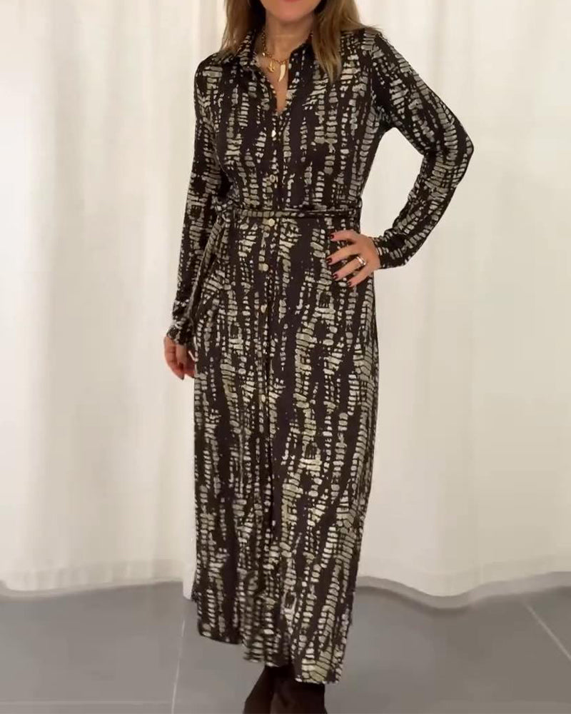 Maxiklänning Revers Fram Sidlinjerad Midja Tryckt