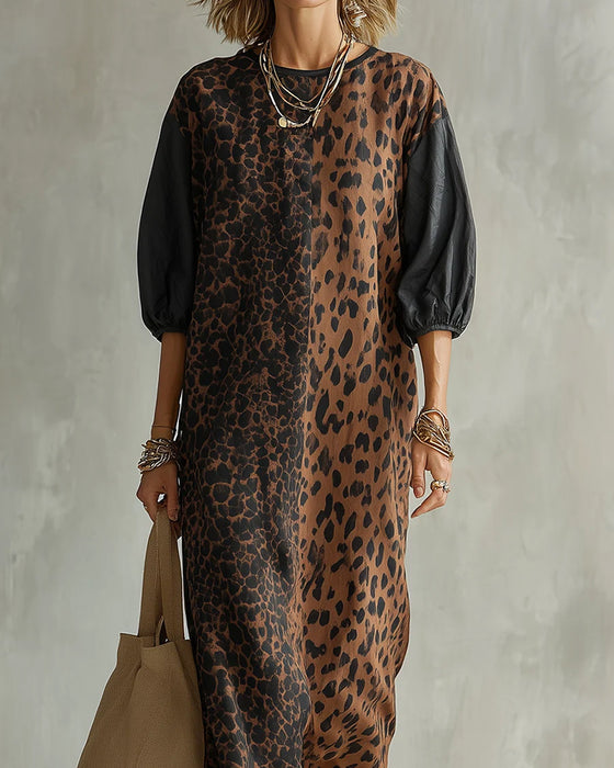 Klänning Leopard Tryck Färgblock Puff Ärm