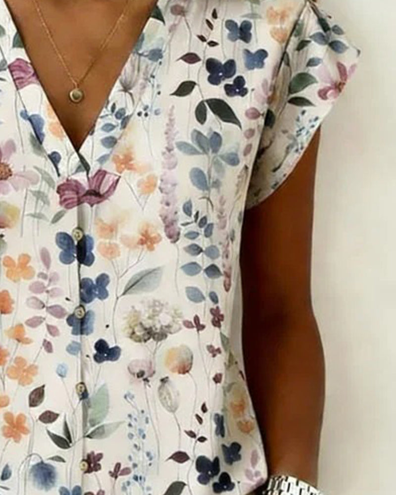 Blus Akvarell Blommigt Print V-Ringning Fladdermusärm