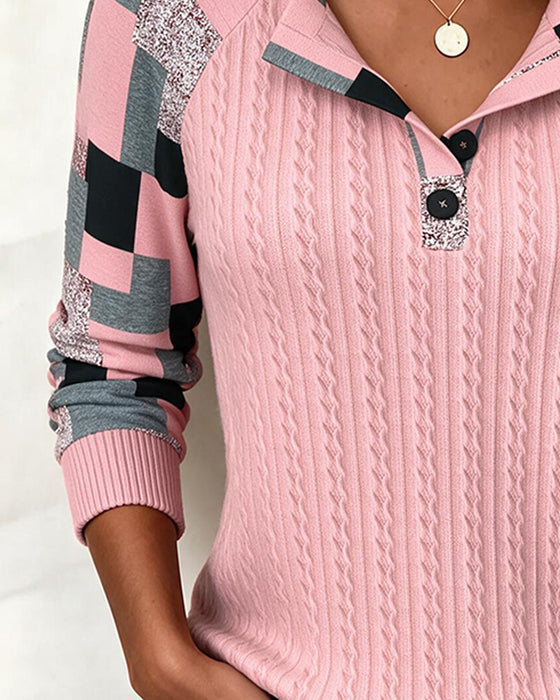 Sweatshirt Färgblock Henley Krage Långärmad Knappad