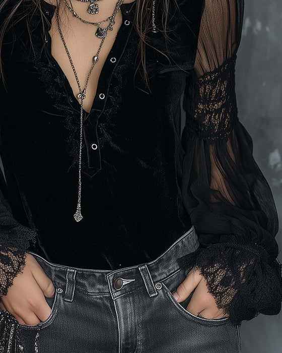 Blus Knapp I Halv V-Ringad Puffärm