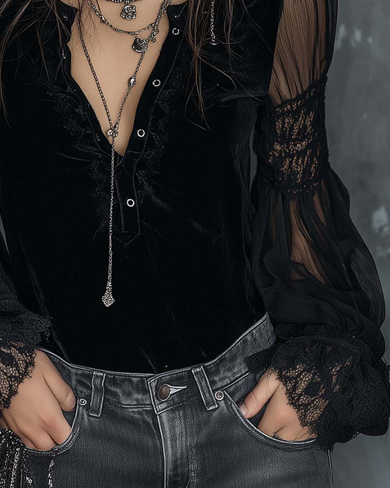 Blus Knapp I Halv V-Ringad Puffärm