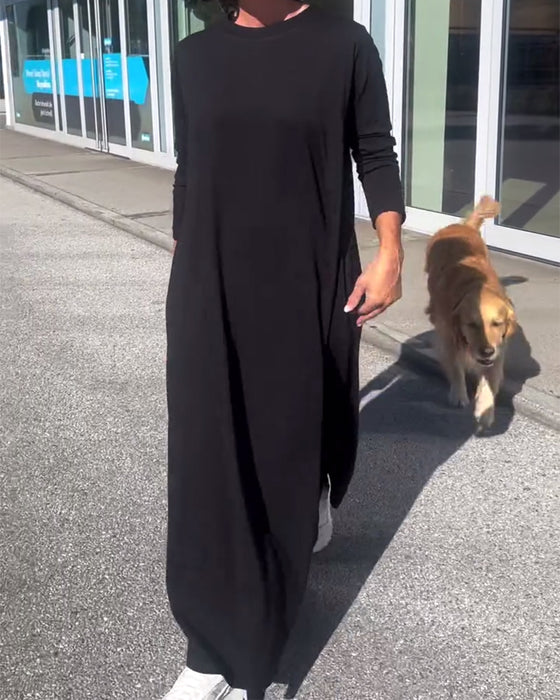 Klänning Lössittande Lång Ärm Rund Halsringning