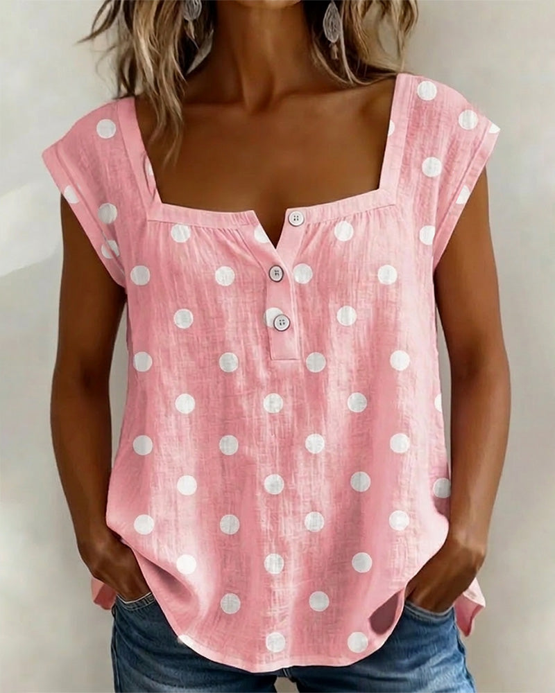 T-Shirt Fyrkantig Halsringning Prickig Kort Ärm