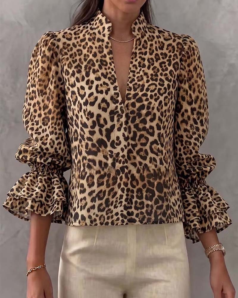 Blus Leopard Ruffle Casual