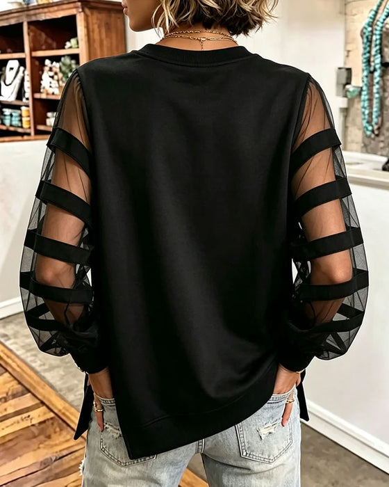Sweatshirt Rund Hals Slits Solid Färg Tyll