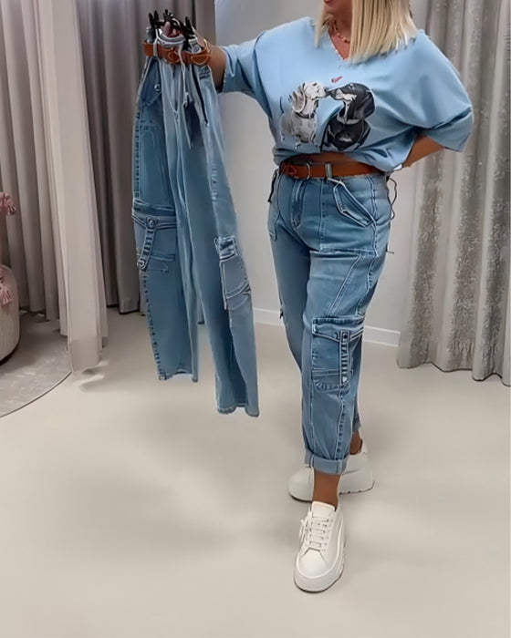 Jeans Hög Midja Cargo Stil