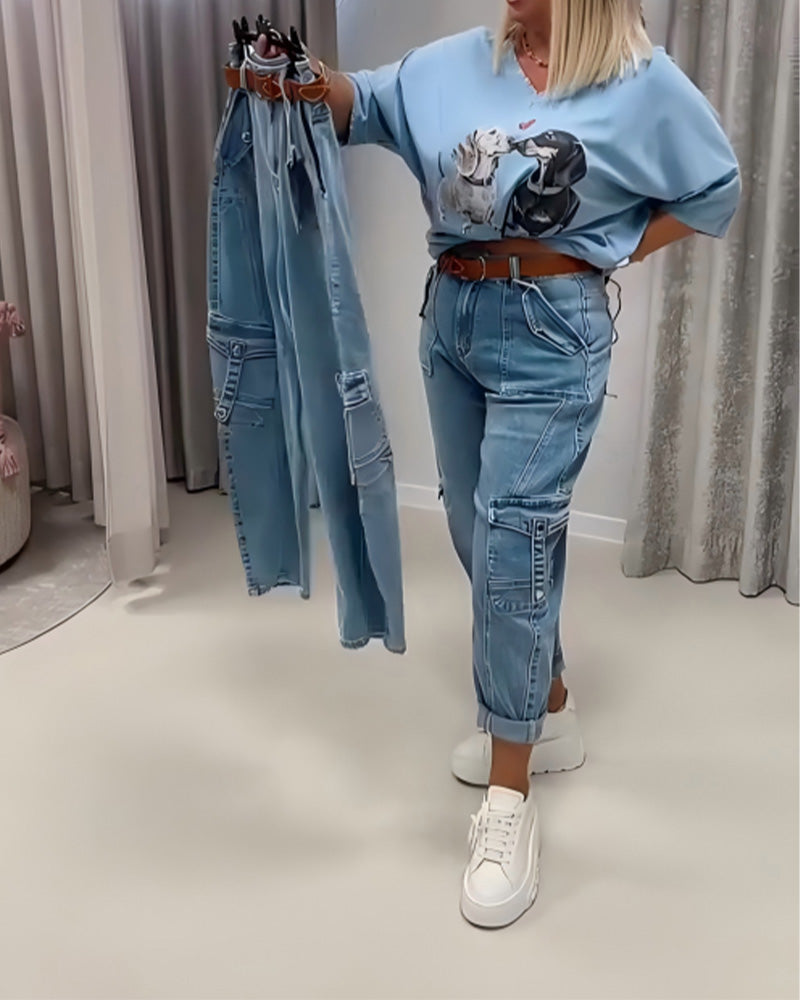 Jeans Hög Midja Cargo Stil