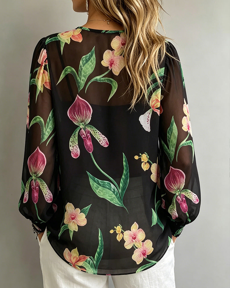 Blus Lyktormlärmad Rundhals Knytning Tryckt