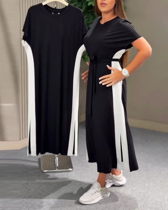 Klänning Rund Hals Lappverk Kort Ärm