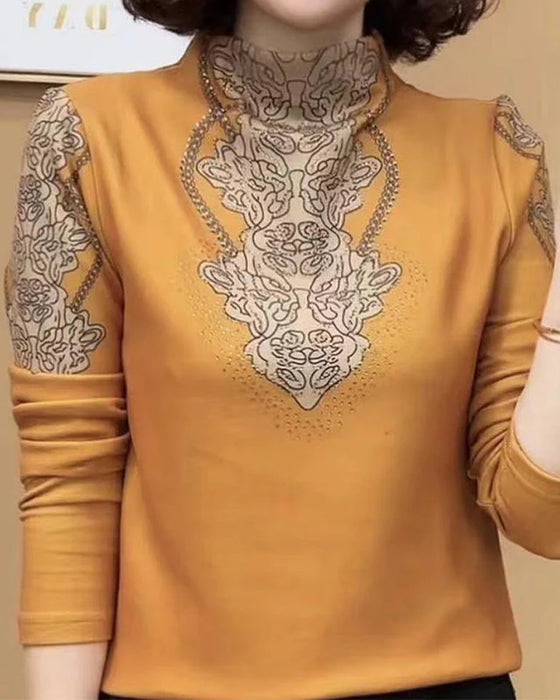 Topp Elegant Tryckt Åtsittande Dam Ståkrage