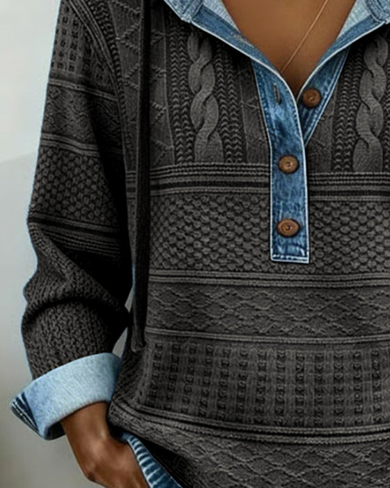 Hoodie I Denim Med Flätstickning Och Lapptäcktsdetaljer