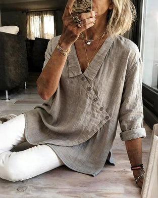 Blus Med Asymmetrisk Diagonal Knäppning Och Krage