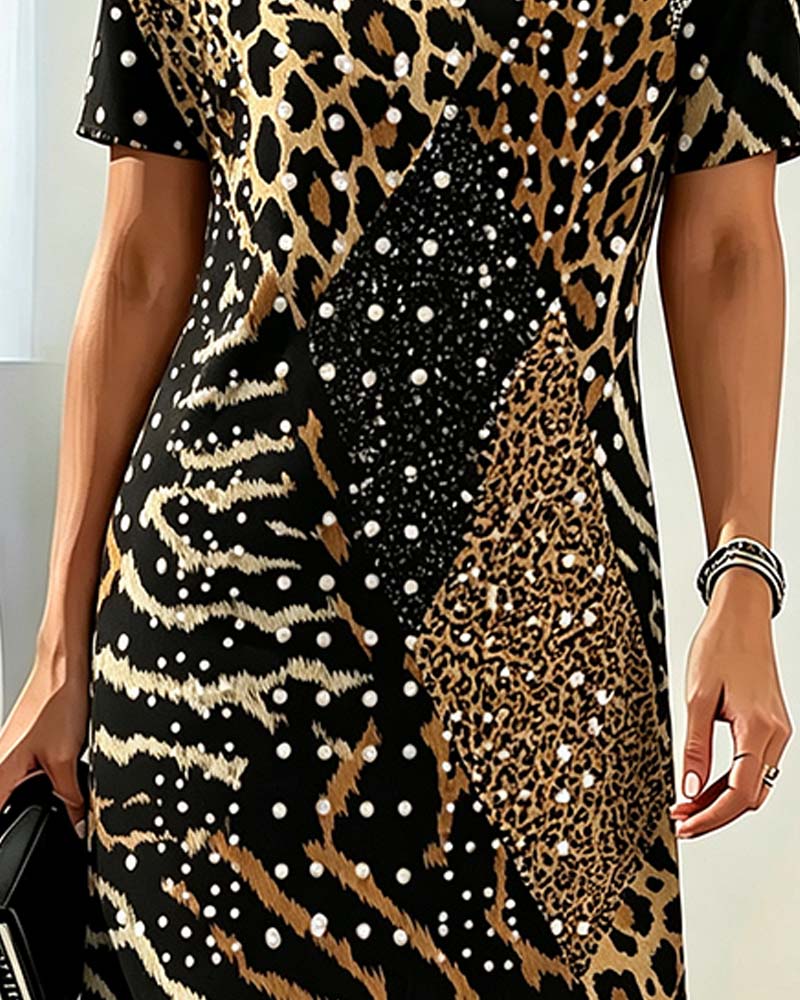 Klänning Leopardmönster Rundhalsad Kortärmad Patchwork