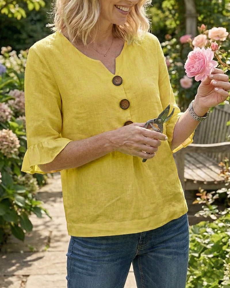 Blusar Enfärgad Bomullslinne Träknappar Rynkningar