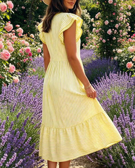 Klänning Randig Dubbel Rynkad Kortärmad