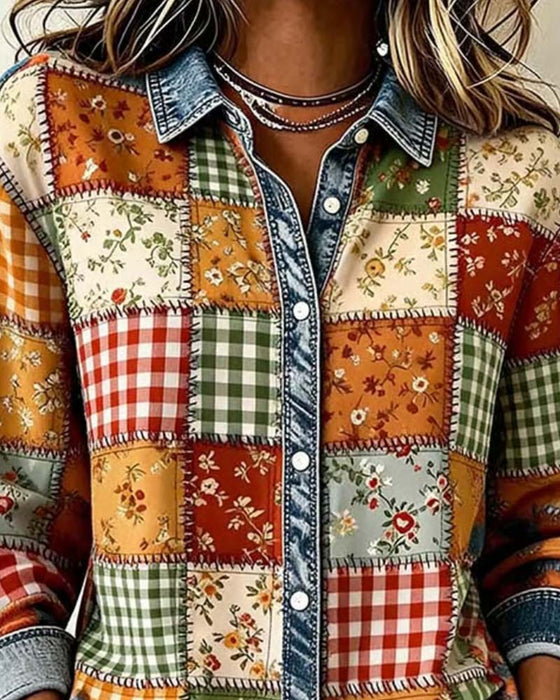 Topp Krage Rutigt Denim Patchwork