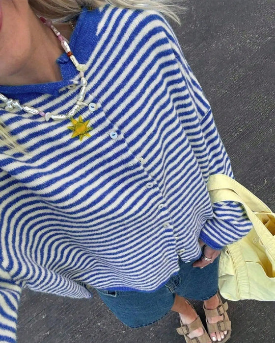 Pullover Rundhalsad Knapp Fram Räfflad