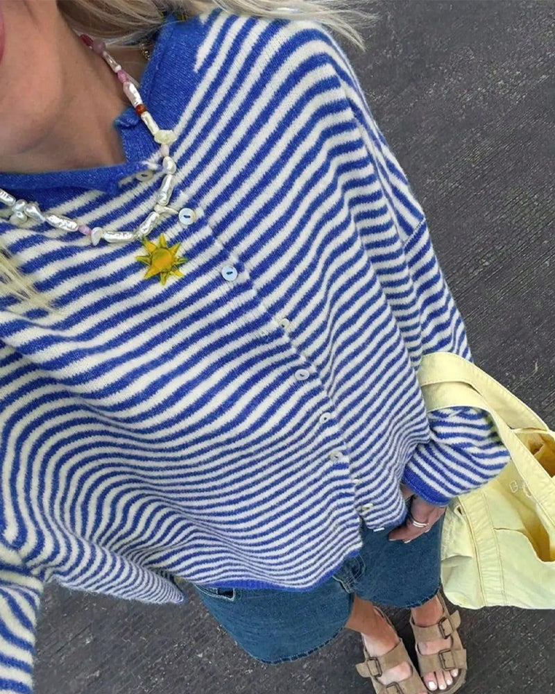 Pullover Rundhalsad Knapp Fram Räfflad