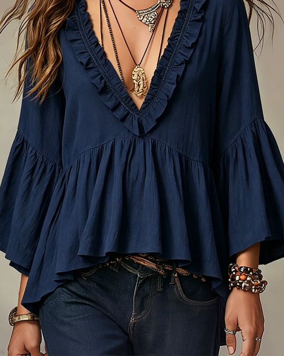 Blus V-Hals Scallop Ruffle Kant