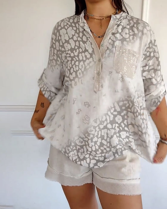 Blus avslappnad stativ krage tryckt