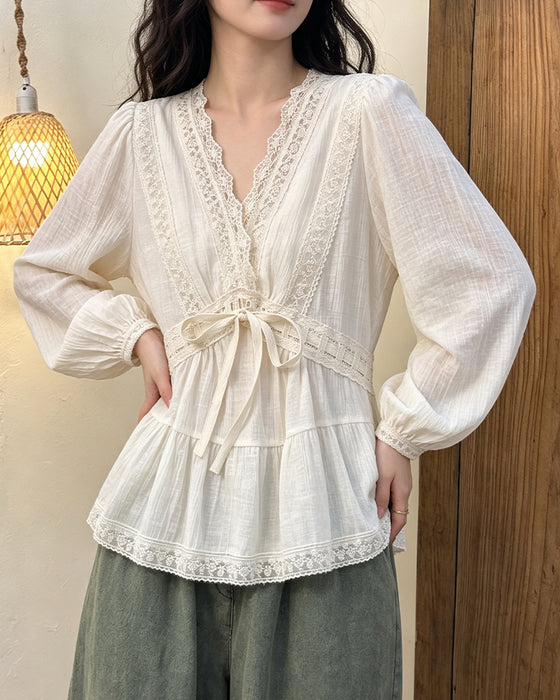 Blus V-Hals Bubbla Ärm Spets Patchwork Utställd