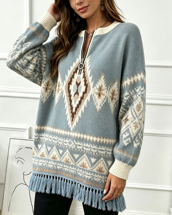 Tröja Geometrisk Jacquard Halv-Zip Fransig Kant