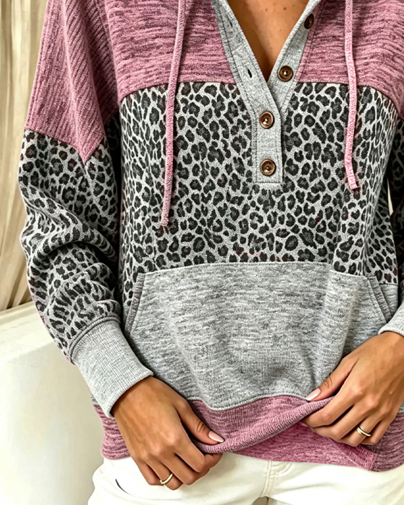 Hoodie Leopard Färgblock Dragsko