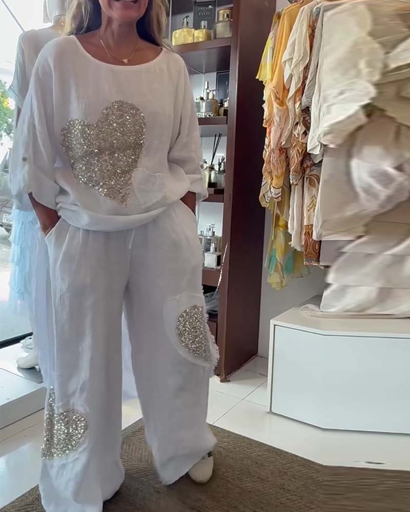 Set Enkel Paljett Hjärta