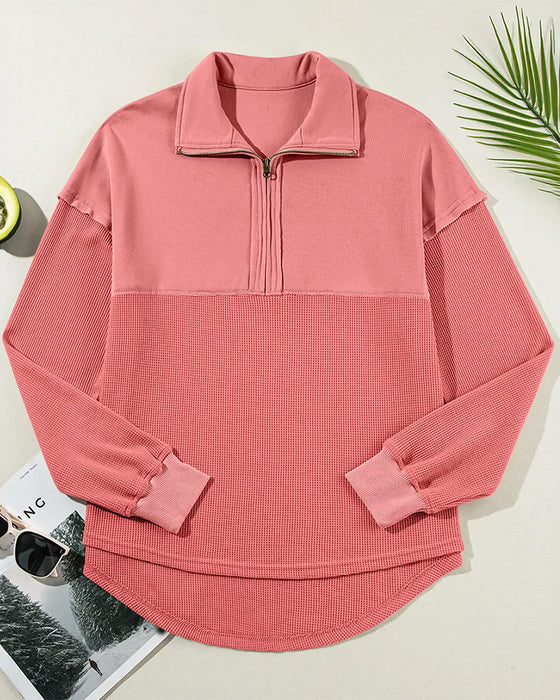 Sweatshirt Halv Dragkedja Våffla Patchwork