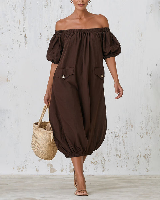 Klädning Off-Shoulder Bubbel Ärm Ficka