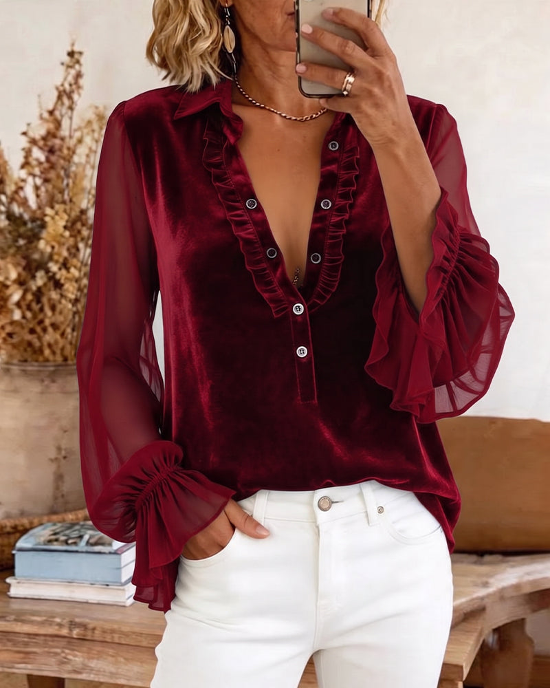 Blus Velour Lapptäcke Rynkad Ärm
