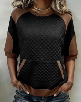 Blouse Rund Hals Lapptäcke Diamant Mönster