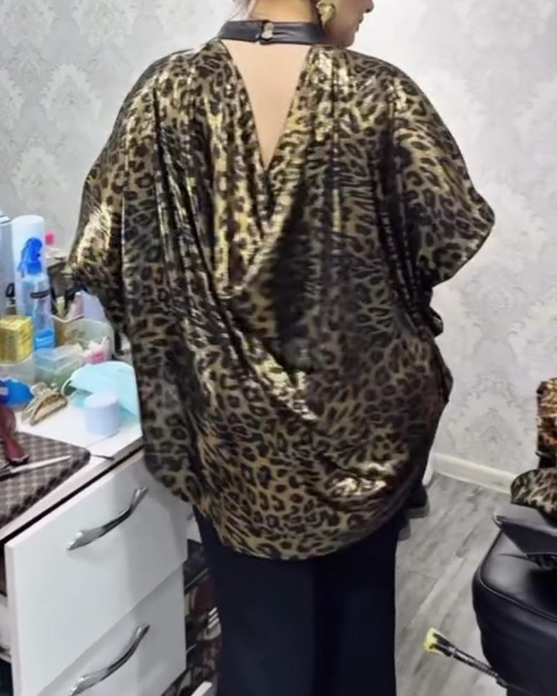 Blus Stilfull Löst Sittande Leopardtryck Crewringning