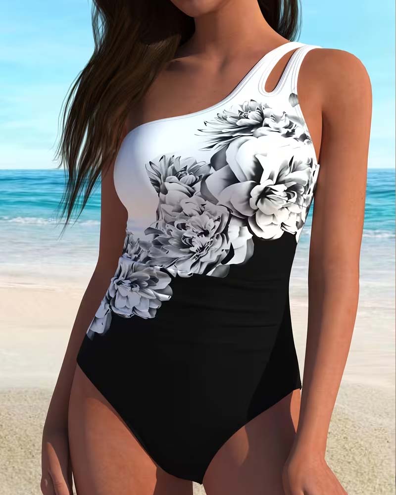 En-Delad Badkläder Blombladstryck Enaxlig