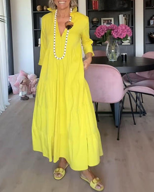 Casual enfärgad klänning med lapelficka och patchwork