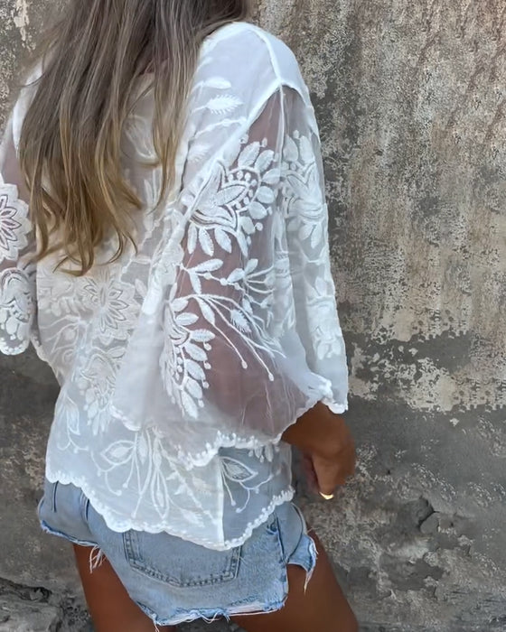 Blus Fjärilsärm Rund Hals Broderad