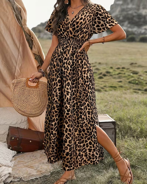 Klänning Leopard V-Hals Elastisk Midja A-Linje