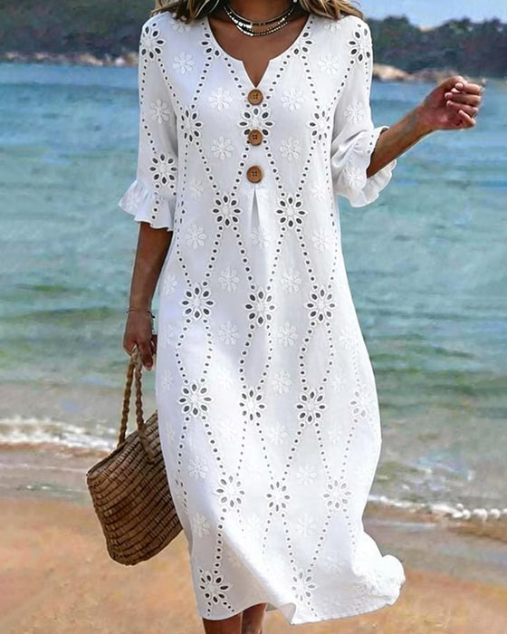 Klänning Liten V-Hals Urholkning Knapp Ruffle