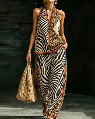 Set Halter Neck Zebra Och Leopard Tryck