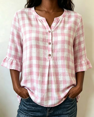 Blus V-Hals Knapp Fram Rutig Ruffle