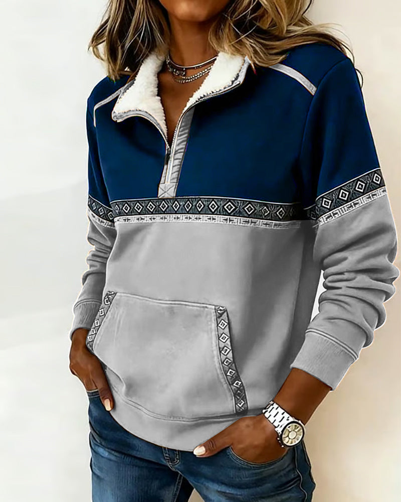 Retro Hoodie Med Färgblockning Och Pälskrage