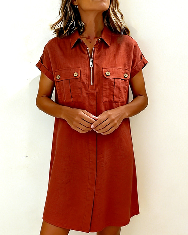 Klänning Dragkedja Ficka Kort Ärm Bomull Lin