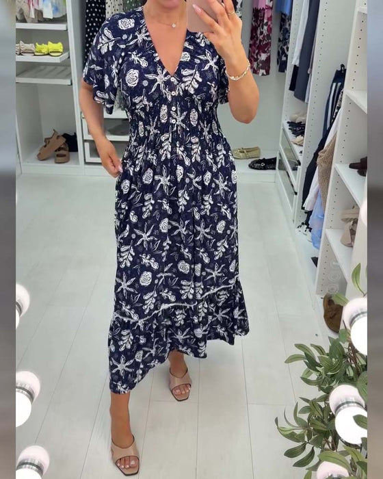 Klänning V-ringning Lössittande Tryckt Lång