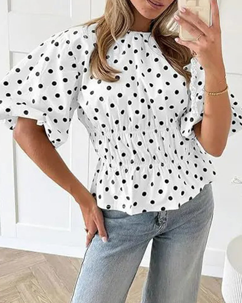 Blus Prickig Off-Shoulder Midjeknyt Bubbla Ärm