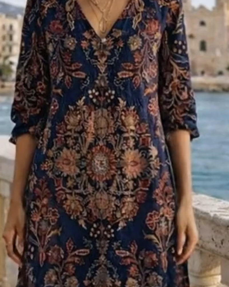 Klänning V-Ringad Retro Tryckt Maxi